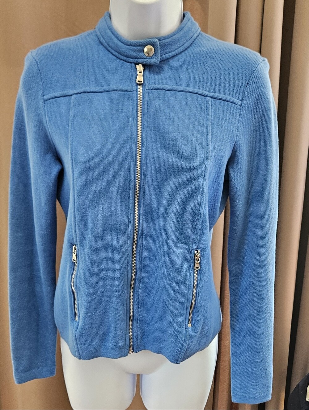 Lauren Ralph Lauren Blue Full-Zip Knit Sweater Jacket Moto Collar Petite Small